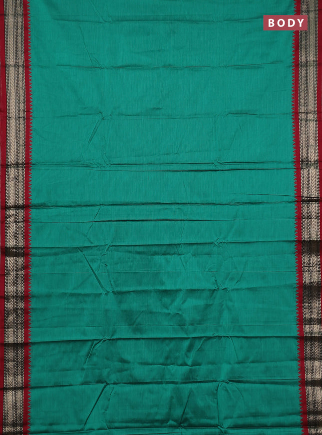 Narayanpet cotton saree green and maroon with plain body and temple design zari woven border