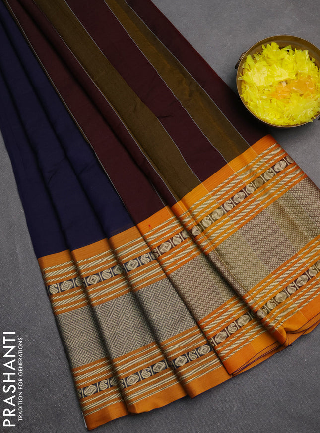 Narayanpet cotton saree jamun shade and mustard yellow with plain body and long thread woven border