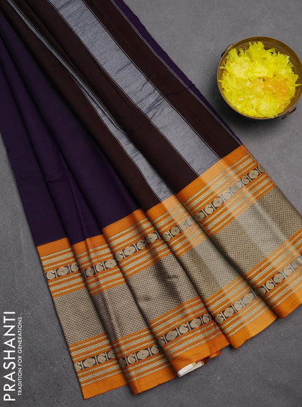 Narayanpet cotton saree deep violet and dark mustard with plain body and long thread woven border
