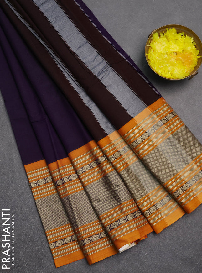 Narayanpet cotton saree deep violet and dark mustard with plain body and long thread woven border