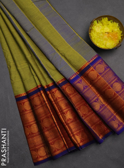 Narayanpet cotton saree lime green and red blue with plain body and long rudhraksha zari woven border