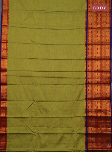 Narayanpet cotton saree lime green and red blue with plain body and long rudhraksha zari woven border