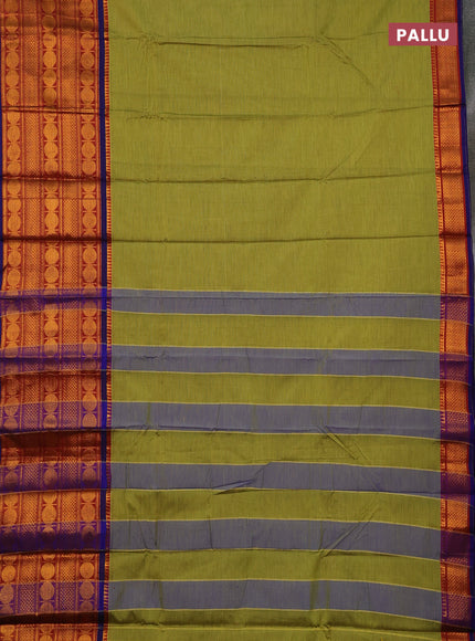 Narayanpet cotton saree lime green and red blue with plain body and long rudhraksha zari woven border