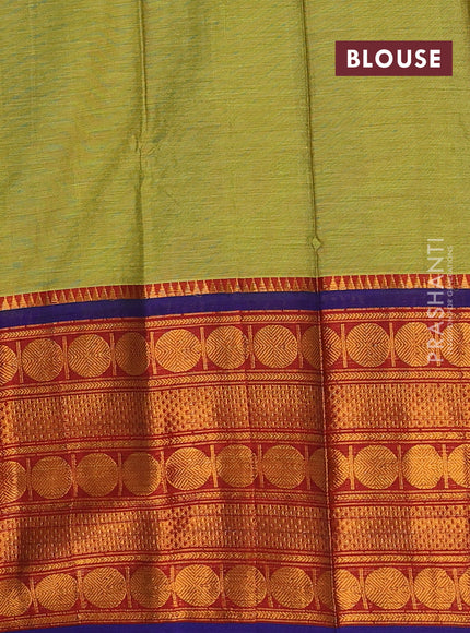 Narayanpet cotton saree lime green and red blue with plain body and long rudhraksha zari woven border