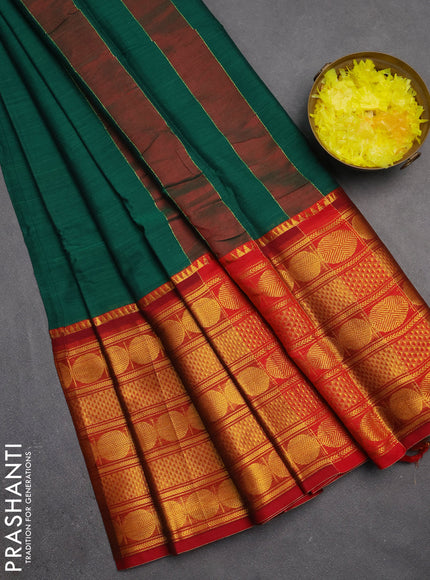Narayanpet cotton saree green and red with plain body and long rudhraksha zari woven border