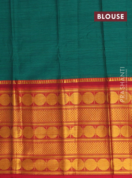Narayanpet cotton saree green and red with plain body and long rudhraksha zari woven border