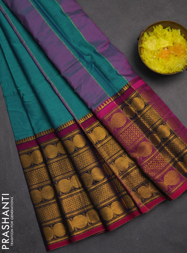 Narayanpet cotton saree teal green and pink with plain body and long rudhraksha zari woven border