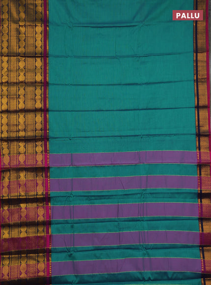 Narayanpet cotton saree teal green and pink with plain body and long rudhraksha zari woven border