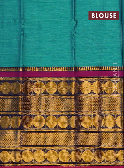 Narayanpet cotton saree teal green and pink with plain body and long rudhraksha zari woven border