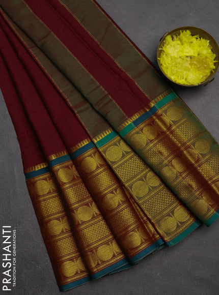 Narayanpet cotton saree maroon and green with plain body and long rudhraksha zari woven border