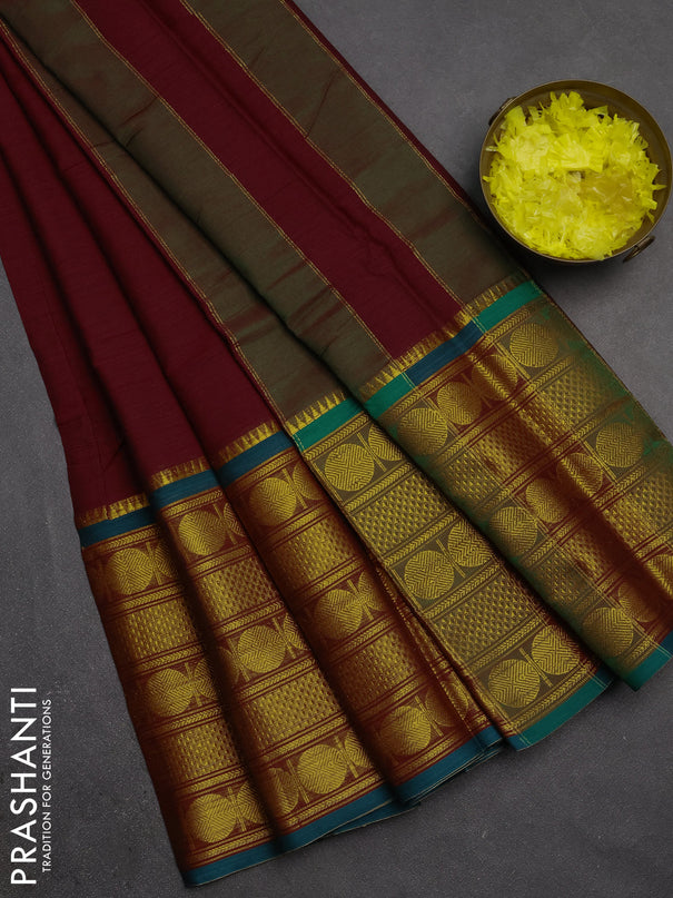 Narayanpet cotton saree maroon and green with plain body and long rudhraksha zari woven border