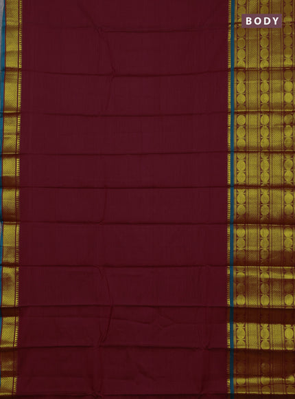 Narayanpet cotton saree maroon and green with plain body and long rudhraksha zari woven border