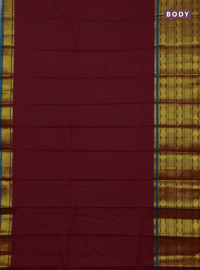 Narayanpet cotton saree maroon and green with plain body and long rudhraksha zari woven border