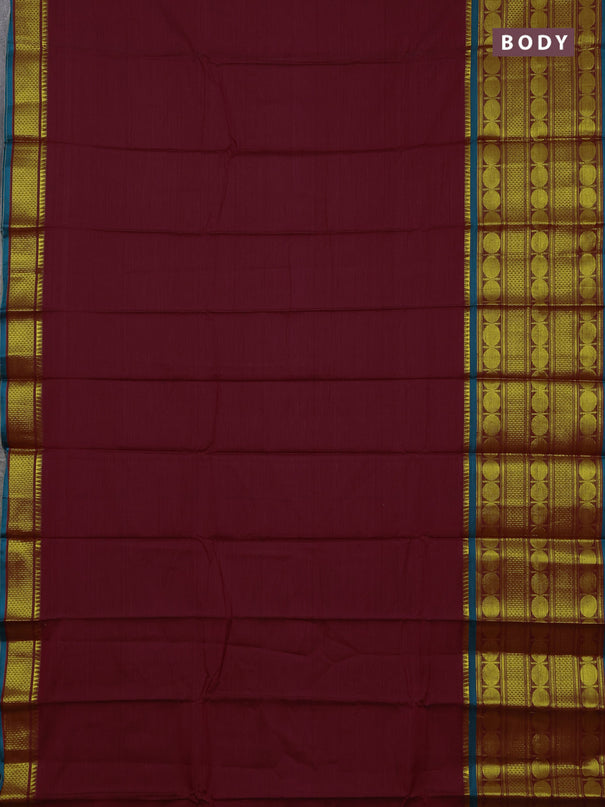 Narayanpet cotton saree maroon and green with plain body and long rudhraksha zari woven border