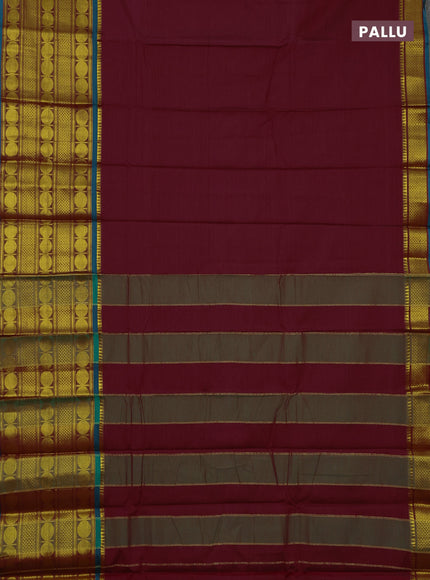 Narayanpet cotton saree maroon and green with plain body and long rudhraksha zari woven border