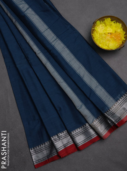Narayanpet cotton saree peacock blue and maroon with plain body and silver zari woven border