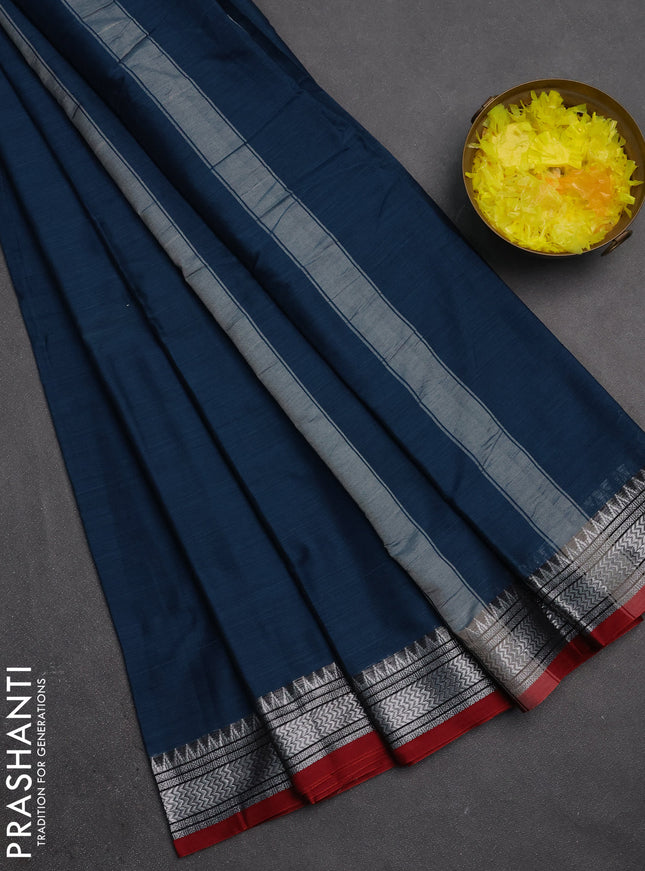 Narayanpet cotton saree peacock blue and maroon with plain body and silver zari woven border