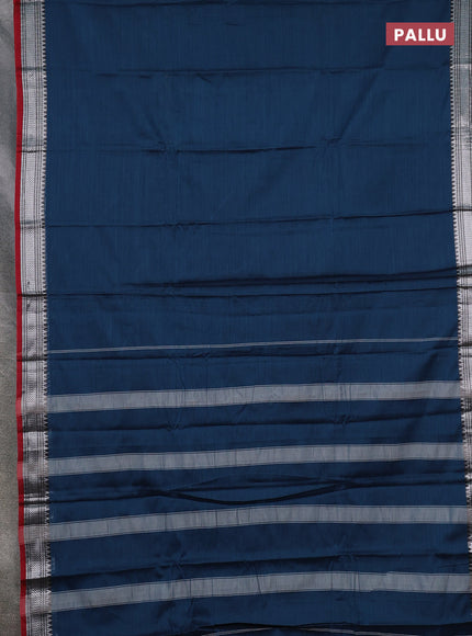 Narayanpet cotton saree peacock blue and maroon with plain body and silver zari woven border