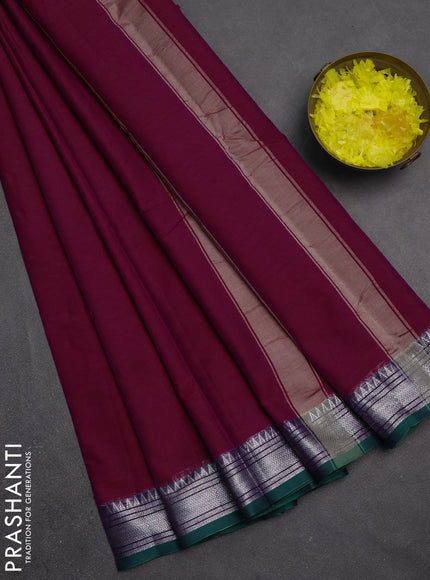 Narayanpet cotton saree dark magenta pink and dual shade of green with plain body and silver zari woven border