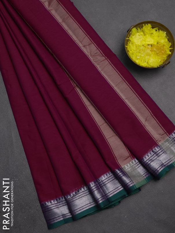 Narayanpet cotton saree dark magenta pink and dual shade of green with plain body and silver zari woven border
