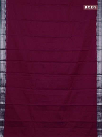 Narayanpet cotton saree dark magenta pink and dual shade of green with plain body and silver zari woven border