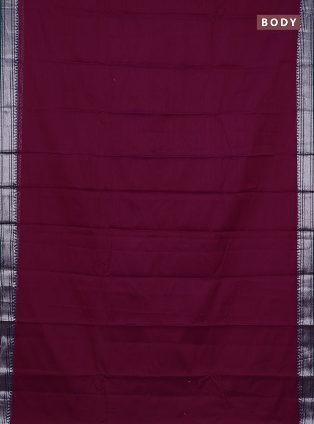 Narayanpet cotton saree dark magenta pink and dual shade of green with plain body and silver zari woven border