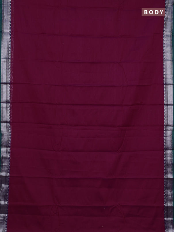 Narayanpet cotton saree dark magenta pink and dual shade of green with plain body and silver zari woven border
