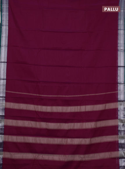 Narayanpet cotton saree dark magenta pink and dual shade of green with plain body and silver zari woven border