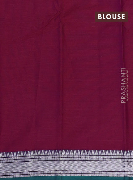 Narayanpet cotton saree dark magenta pink and dual shade of green with plain body and silver zari woven border