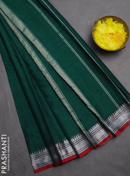 Narayanpet cotton saree green and red with plain body and silver zari woven border