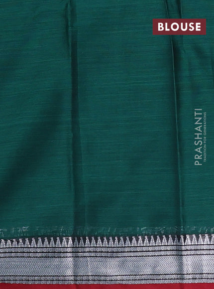 Narayanpet cotton saree green and red with plain body and silver zari woven border