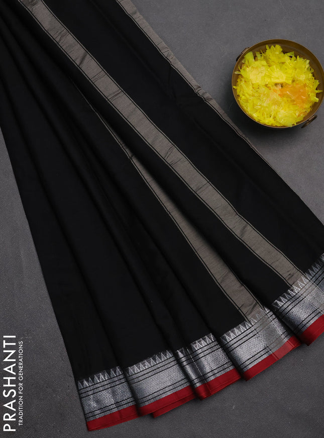 Narayanpet cotton saree black and maroon with plain body and silver zari woven border