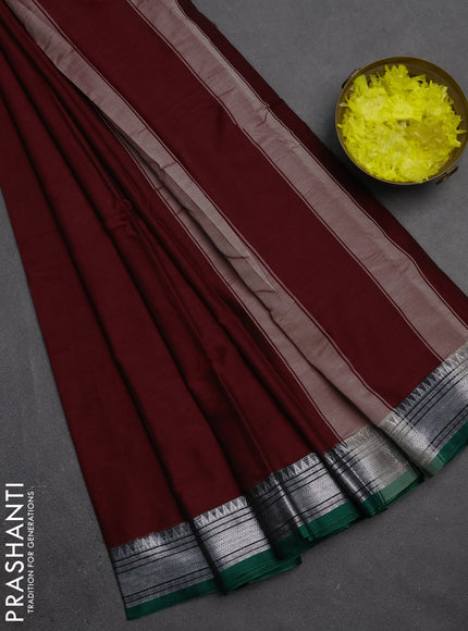 Narayanpet cotton saree maroon and green with plain body and silver zari woven border