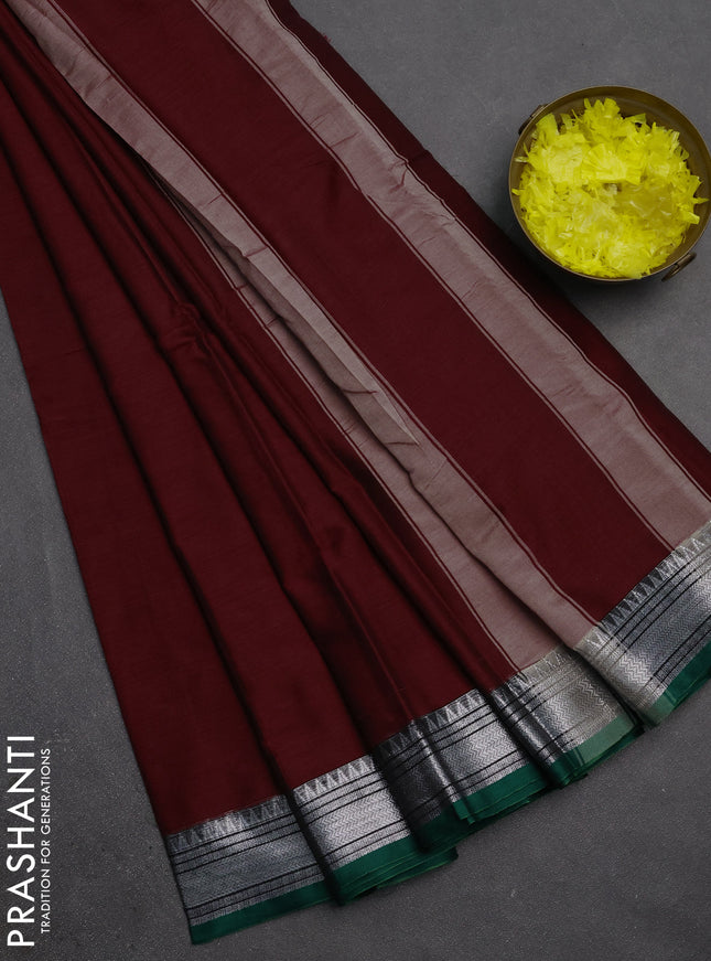 Narayanpet cotton saree maroon and green with plain body and silver zari woven border