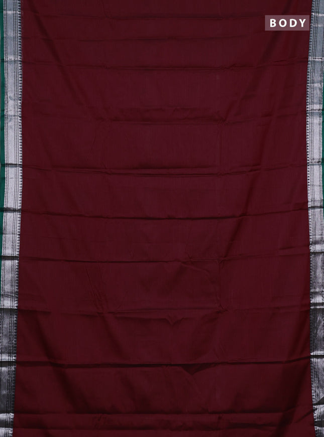 Narayanpet cotton saree maroon and green with plain body and silver zari woven border