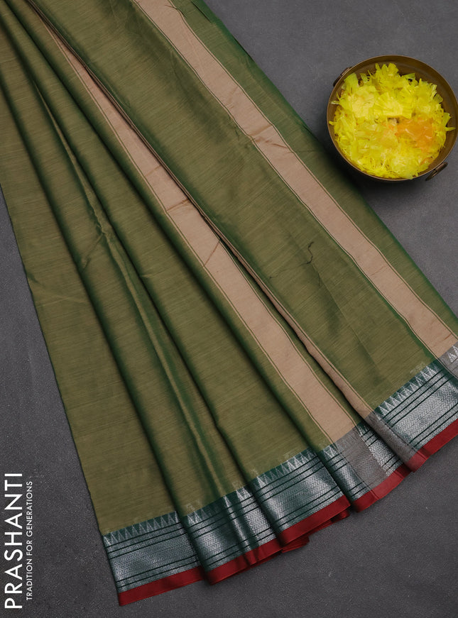 Narayanpet cotton saree elaichi green and dark green with plain body and silver zari woven border