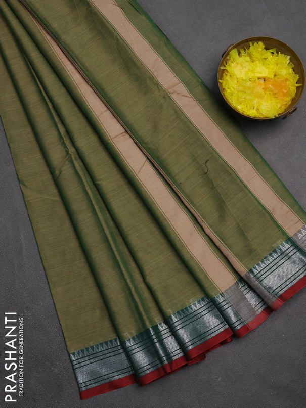 Narayanpet cotton saree elaichi green and dark green with plain body and silver zari woven border