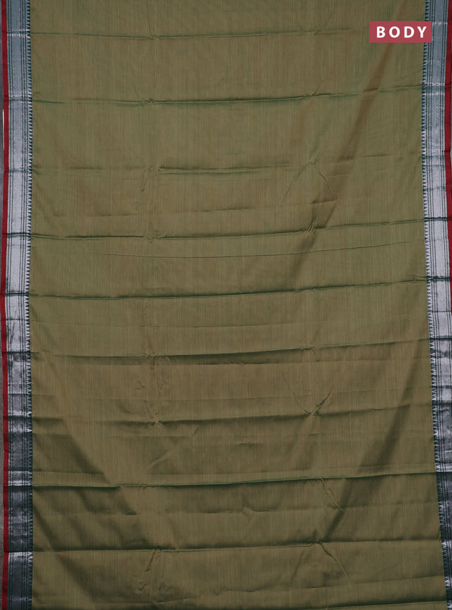 Narayanpet cotton saree elaichi green and dark green with plain body and silver zari woven border