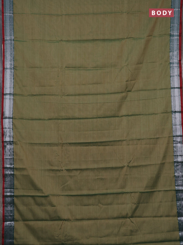 Narayanpet cotton saree elaichi green and dark green with plain body and silver zari woven border