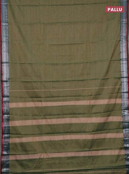 Narayanpet cotton saree elaichi green and dark green with plain body and silver zari woven border