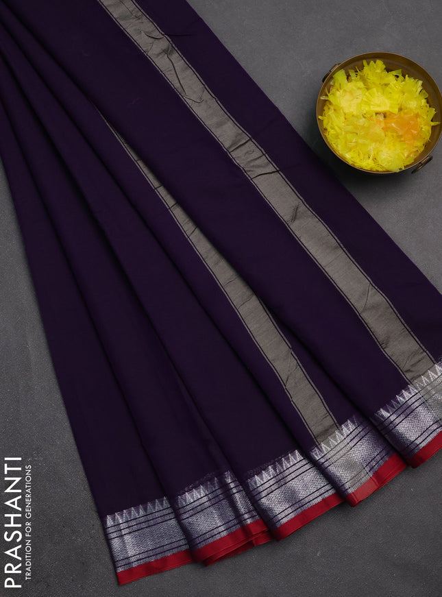 Narayanpet cotton saree deep violet and red with plain body and silver zari woven border