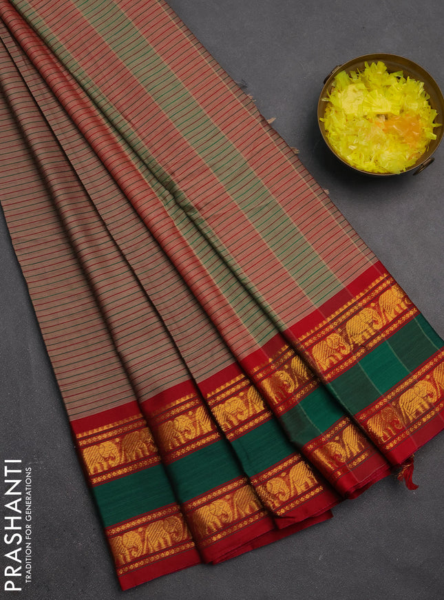Narayanpet cotton saree pastel brown and red green with allover stripes pattern and rettapet zari woven border