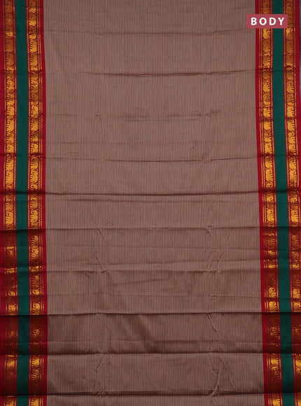 Narayanpet cotton saree pastel brown and red green with allover stripes pattern and rettapet zari woven border