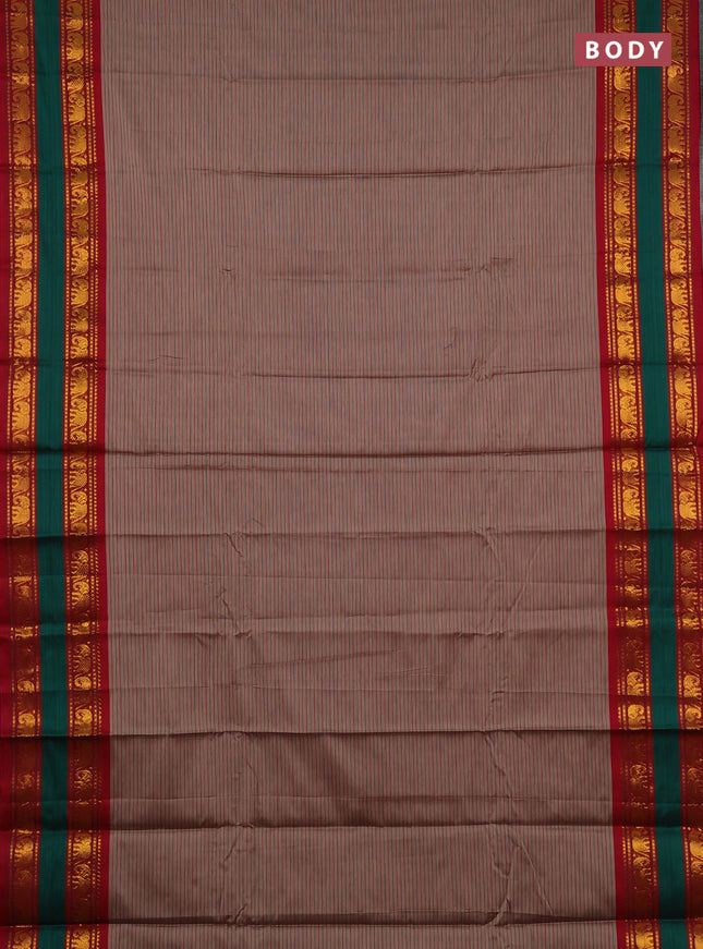 Narayanpet cotton saree pastel brown and red green with allover stripes pattern and rettapet zari woven border