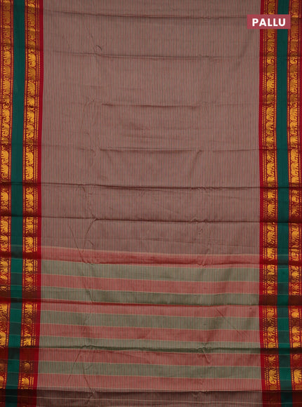 Narayanpet cotton saree pastel brown and red green with allover stripes pattern and rettapet zari woven border