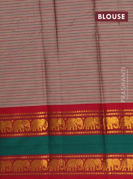 Narayanpet cotton saree pastel brown and red green with allover stripes pattern and rettapet zari woven border