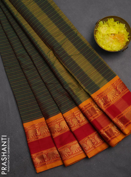 Narayanpet cotton saree manthulir green and red mango yellow with allover stripes pattern and rettapet zari woven border