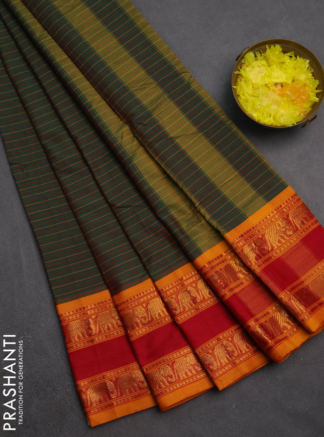 Narayanpet cotton saree manthulir green and red mango yellow with allover stripes pattern and rettapet zari woven border
