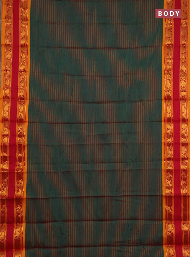 Narayanpet cotton saree manthulir green and red mango yellow with allover stripes pattern and rettapet zari woven border