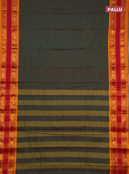 Narayanpet cotton saree manthulir green and red mango yellow with allover stripes pattern and rettapet zari woven border